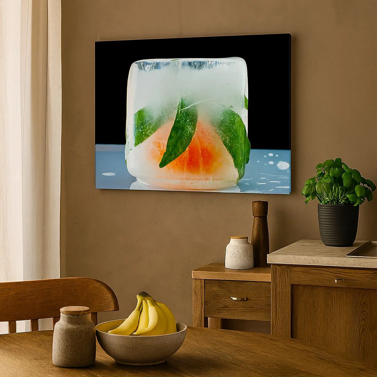 Tablou pe pânză Canvas - Cub de gheață cu portocale și frunze - 70x50cm - Proaspăt și răcoros - Decorațiune modernă pentru perete pentru living și dormitor ARTTOR