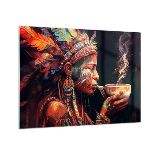 Tablou pe sticlă - O figură într-o coafură cu pene care bea o poțiune într-o atmosferă mistică - 70x50cm - Ritual magic - Decorațiune modernă pentru perete pentru living și dormitor ARTTOR
