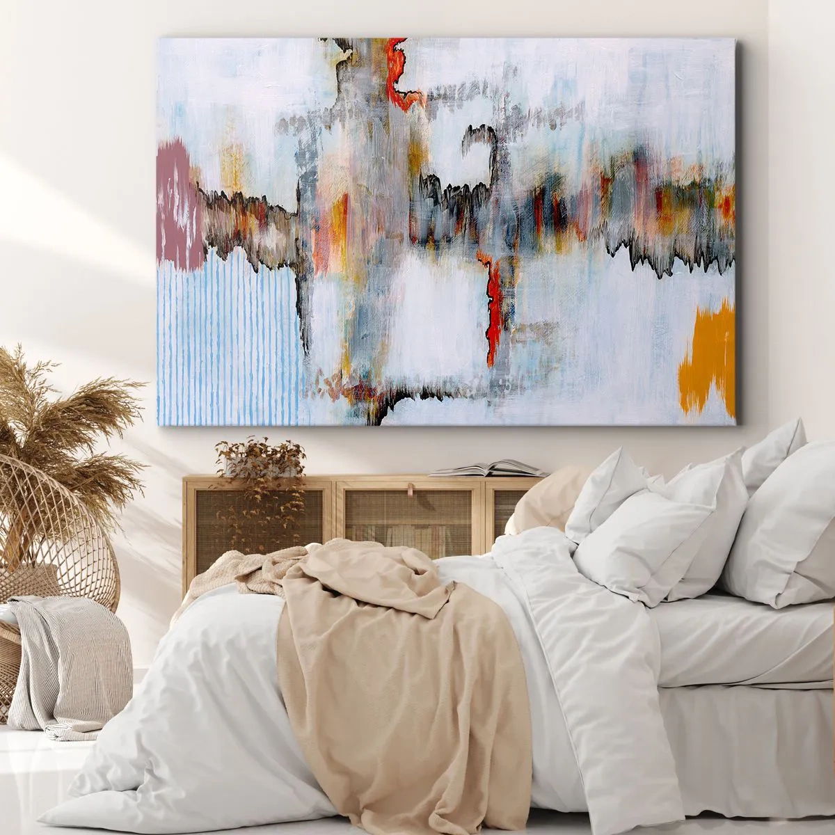 Tablou pe pânză Canvas - Model abstract cu culori vii pe un fundal deschis - 70x50cm - Cu bățul pe apă - Decorațiune modernă pentru perete pentru living și dormitor ARTTOR