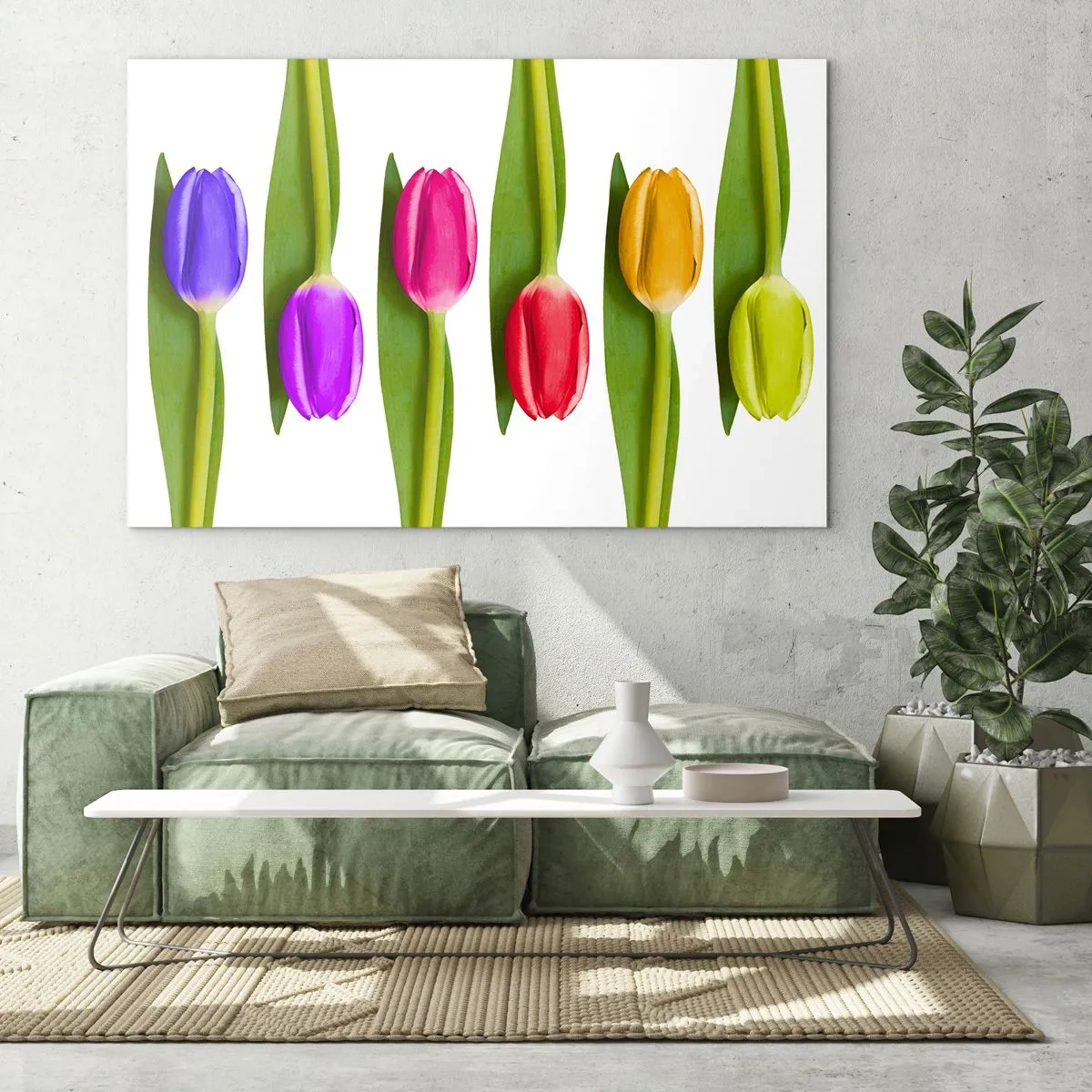 Tablou pe sticlă - Lalele colorate aranjate pe un fundal alb - 70x50cm - Compoziție curcubeu - Decorațiune modernă pentru perete pentru living și dormitor ARTTOR