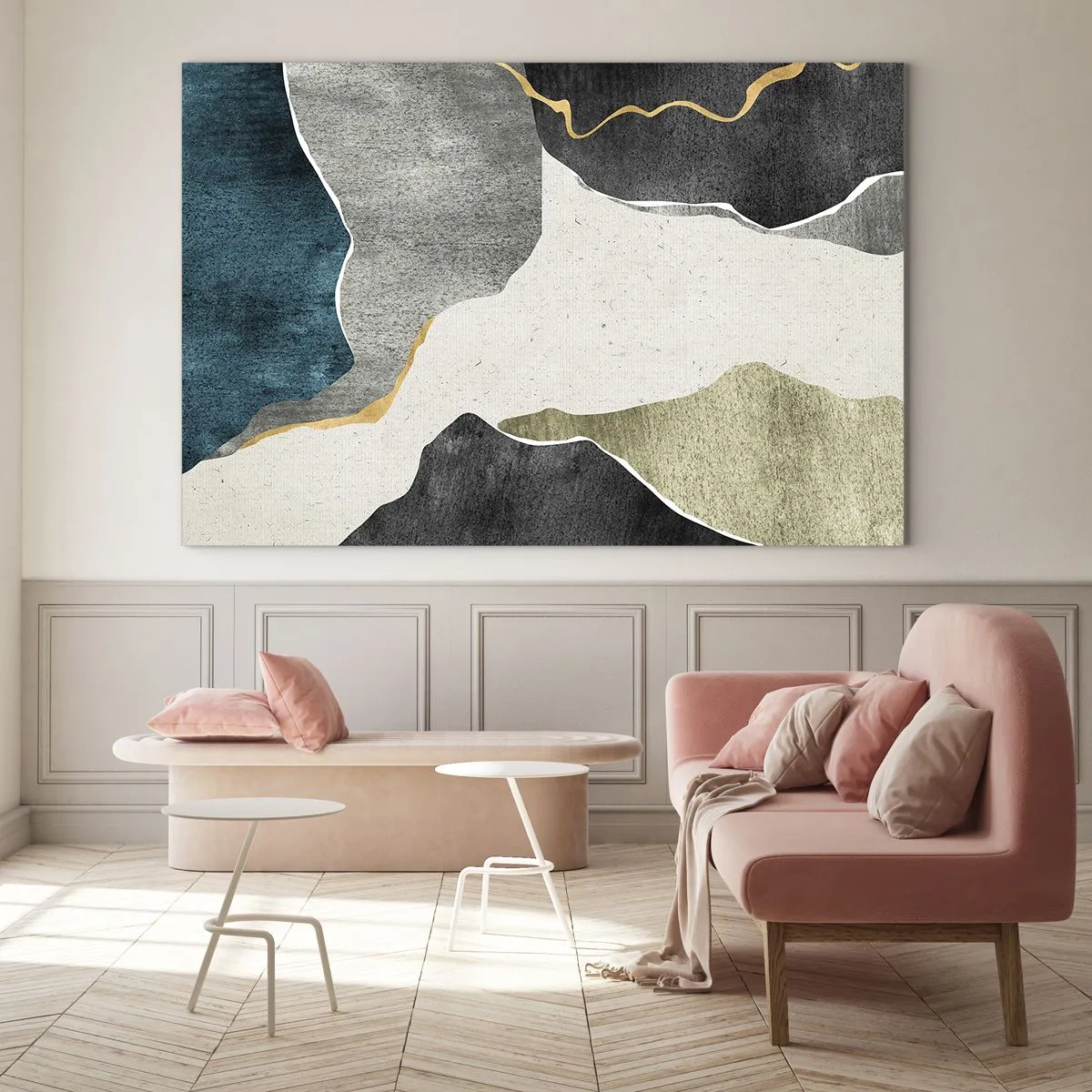 Tablou pe sticlă - Mozaic abstract cu forme organice și o linie aurie - 70x50cm - Compoziție mozaic cu fir de aur - Decorațiune modernă pentru perete pentru living și dormitor ARTTOR
