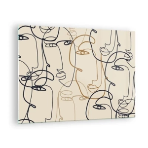 Tablou pe sticlă - Fețe conturate desenate dintr-o singură tușă pe bej - 70x50cm - Portret multiplicat - Decorațiune modernă pentru perete pentru living și dormitor ARTTOR
