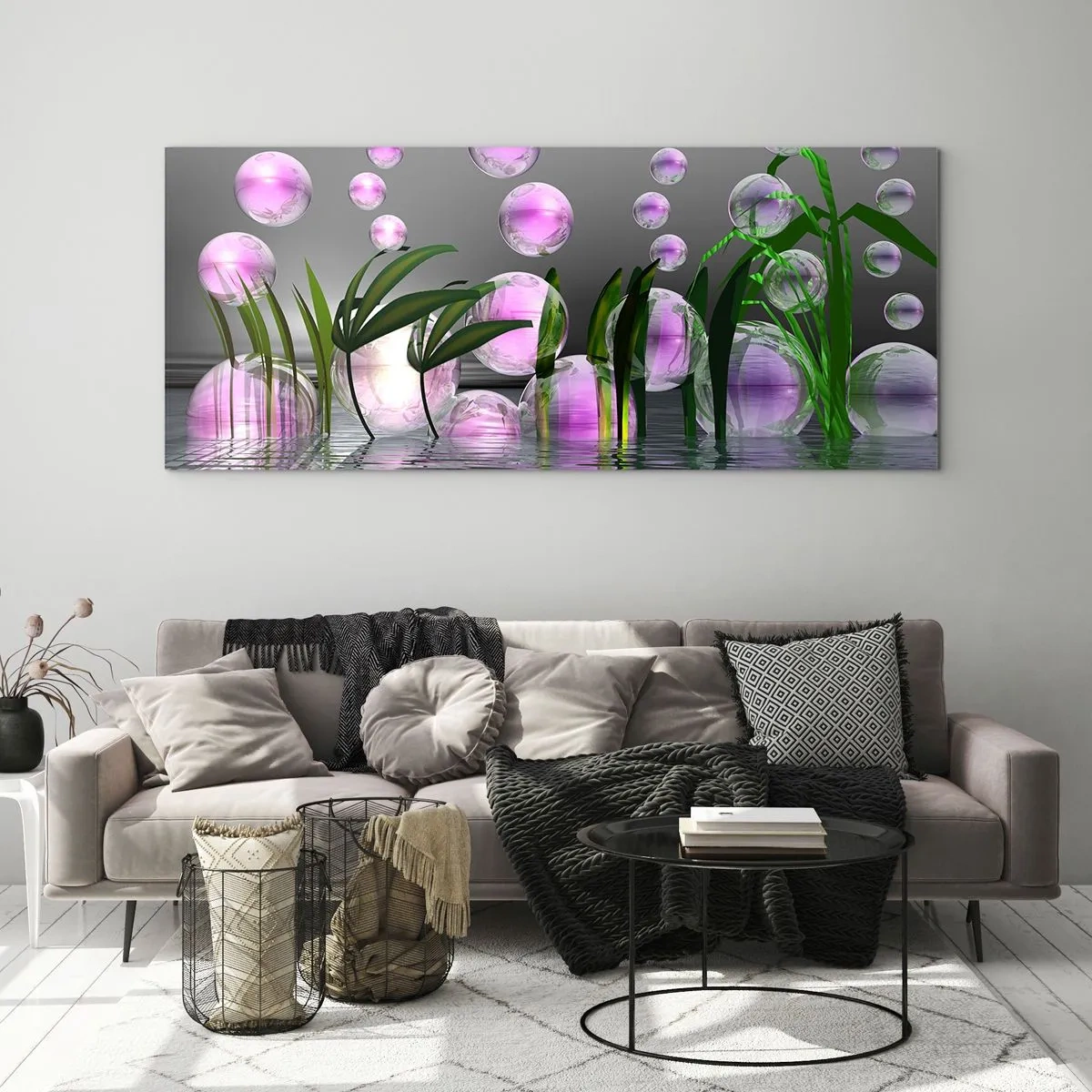 Tablou pe sticlă - O compoziție reflexivă de luminozitate și viață - 90x30 cm
