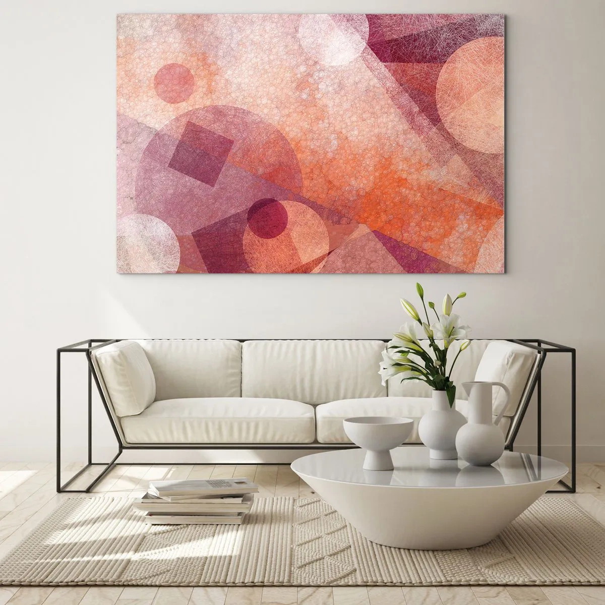 Tablou pe sticlă - Compoziție geometrică abstractă în nuanțe de roz și portocaliu - 70x50cm - Transformări geometrice în roz - Decorațiune modernă pentru perete pentru living și dormitor ARTTOR