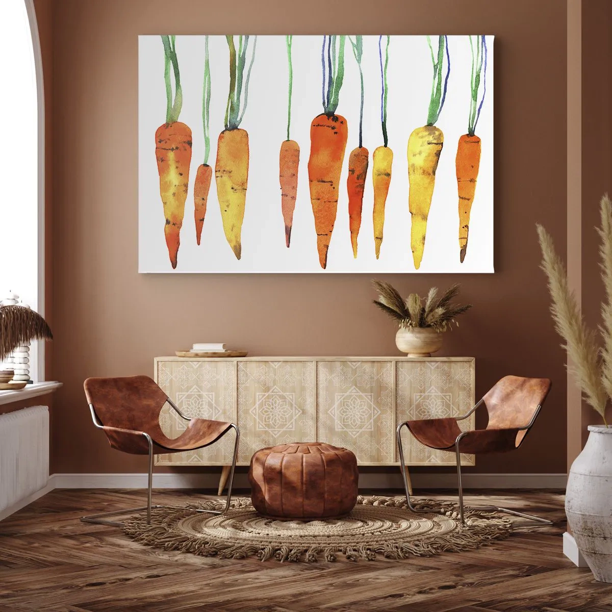 Tablou pe pânză Canvas - Morcovi în acuarelă în diferite nuanțe pe fundal alb - 70x50cm - Frumusețea banalității - Decorațiune modernă pentru perete pentru living și dormitor ARTTOR
