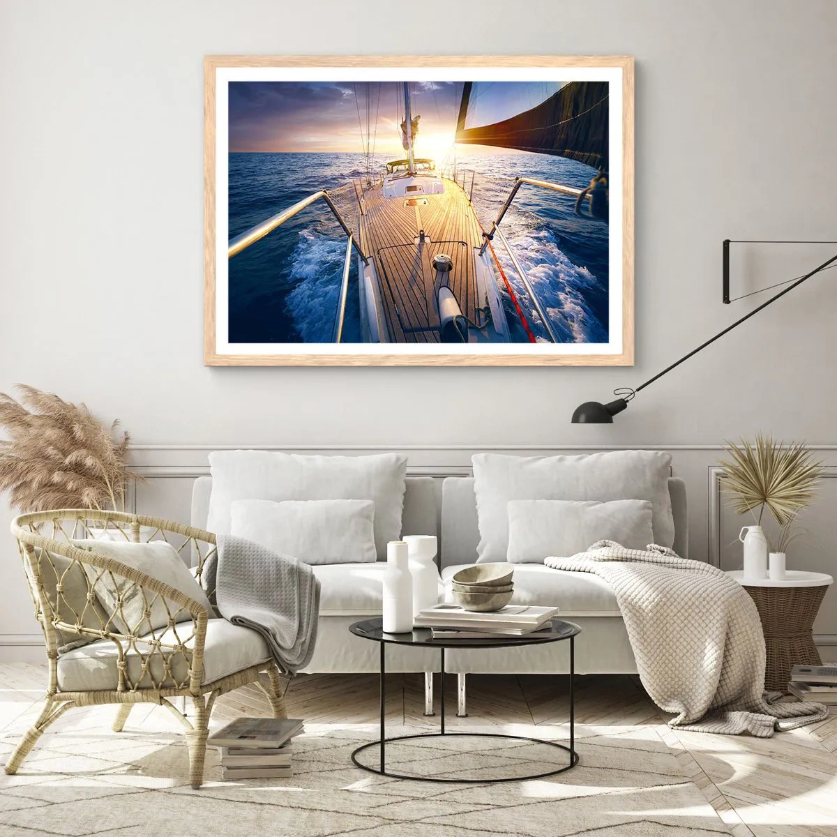 Poster în ramă de stejar deschis - Alergând pe valuri - 91x61 cm