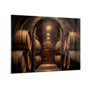 Tablou pe sticlă - O vie cu butoaie și o pivniță luminată plină de sticle - 70x50cm - Beciul cu atmosferă - Decorațiune modernă pentru perete pentru living și dormitor ARTTOR