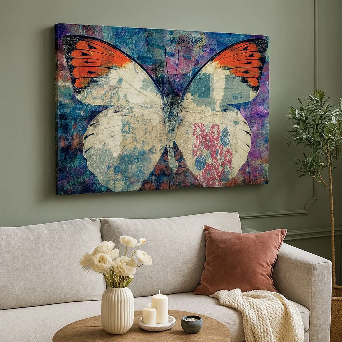 Tablou pe pânză Canvas - Fluture într-un fundal artistic abstract cu detalii colorate - 70x50cm - Fragilitate subtilă - Decorațiune modernă pentru perete pentru living și dormitor ARTTOR