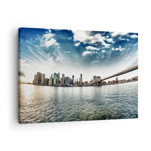 Tablou pe pânză Canvas - Panoramă a orașului cu un pod pe fundalul cerului albastru - 70x50cm - Insula de sticlă - Decorațiune modernă pentru perete pentru living și dormitor ARTTOR