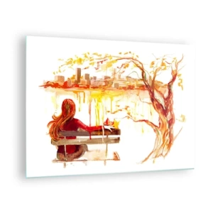 Tablou pe sticlă - O figură pe o bancă cu vedere la oraș în acuarelă - 70x50cm - Un moment de reflecție - Decorațiune modernă pentru perete pentru living și dormitor ARTTOR