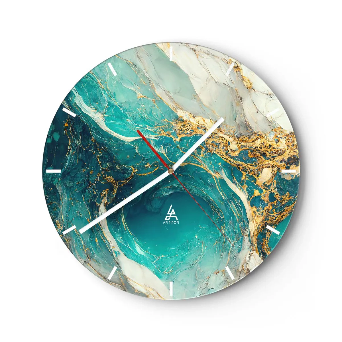 Ceas de perete - Ceas pe sticlă - Rezumat turcoaz cu model auriu învârtit - 30x30cm - Compoziție cu vene aurii - Decorațiune modernă pentru perete pentru living, bucătărie și dormitor ARTTOR