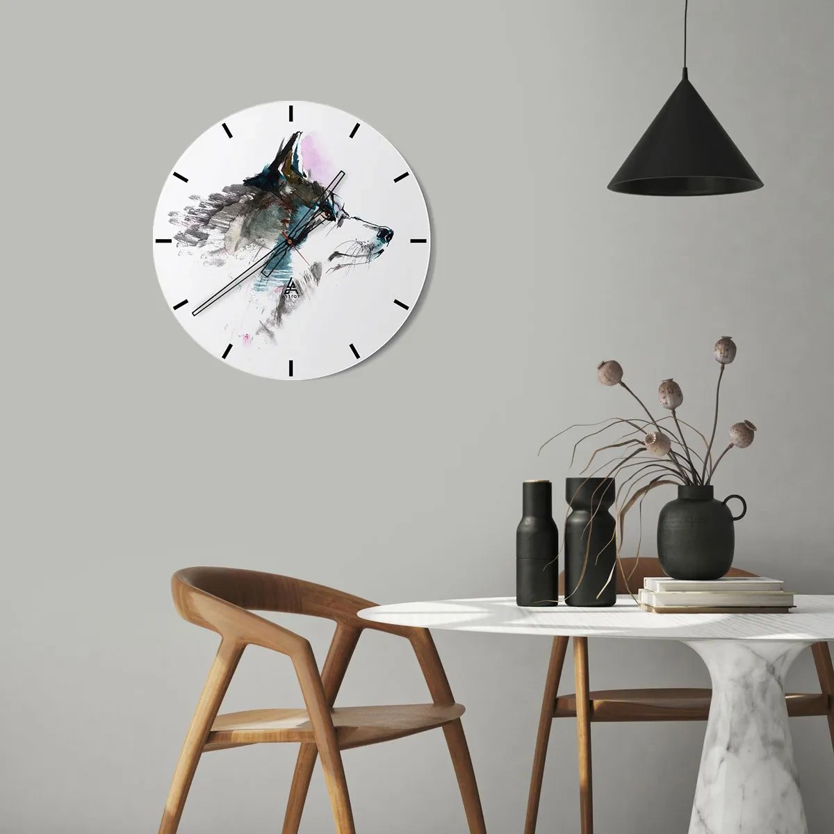 Ceas de perete - Ceas pe sticlă - Un lup în acuarelă în nuanțe delicate pe fundal alb - 30x30cm - Ce știm despre lup - Decorațiune modernă pentru perete pentru living, bucătărie și dormitor ARTTOR