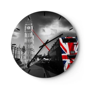 Ceas de perete - Ceas pe sticlă - Big Ben și un autobuz cu motivul steagului britanic - 30x30cm - Mândru și mare - Decorațiune modernă pentru perete pentru living, bucătărie și dormitor ARTTOR