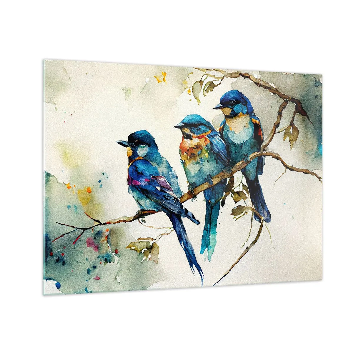 Tablou pe sticlă - Păsări colorate așezate pe o creangă în acuarelă - 70x50cm - Se simte jignit? - Decorațiune modernă pentru perete pentru living și dormitor ARTTOR