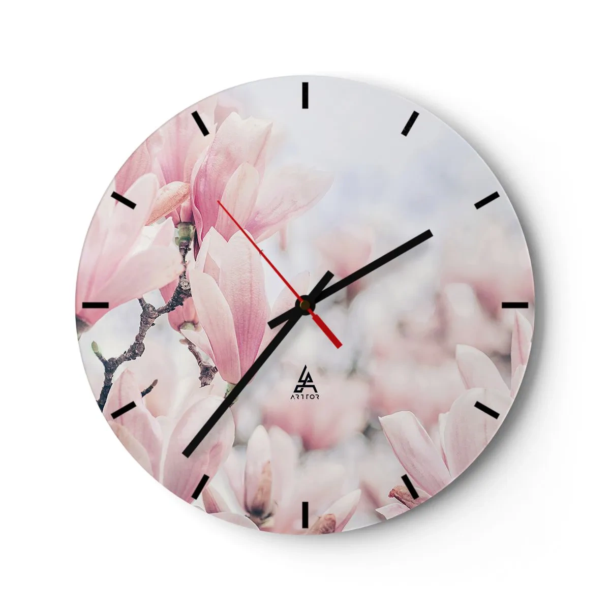 Ceas de perete - Ceas pe sticlă - Magnolii roz delicate pe un fundal neclar - 30x30cm - Idealul de subtilitate - Decorațiune modernă pentru perete pentru living, bucătărie și dormitor ARTTOR