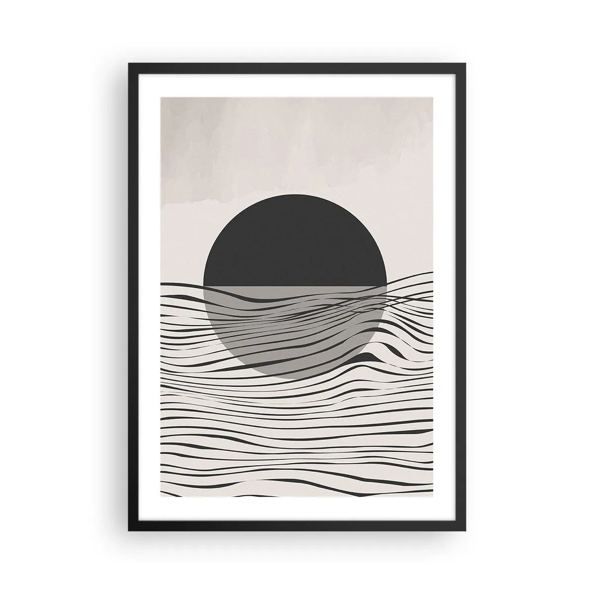 Poster în ramă neagră - Apus de soare abstract cu linii de valuri - 50x70cm - Semicompunere - Decorațiune modernă pentru perete pentru living și dormitor ARTTOR