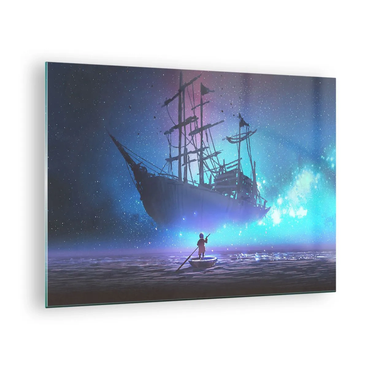 Tablou pe sticlă - O navă nocturnă plutind deasupra apei într-o aură magică - 70x50cm - Întâlnirea cu mitul mării - Decorațiune modernă pentru perete pentru living și dormitor ARTTOR