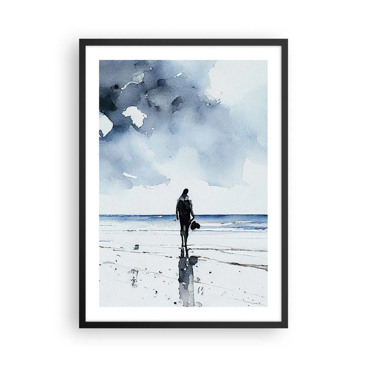 Poster în ramă neagră - Peisaj în acuarelă cu o figură pe plajă - 50x70cm - Vorbind cu marea - Decorațiune modernă pentru perete pentru living și dormitor ARTTOR