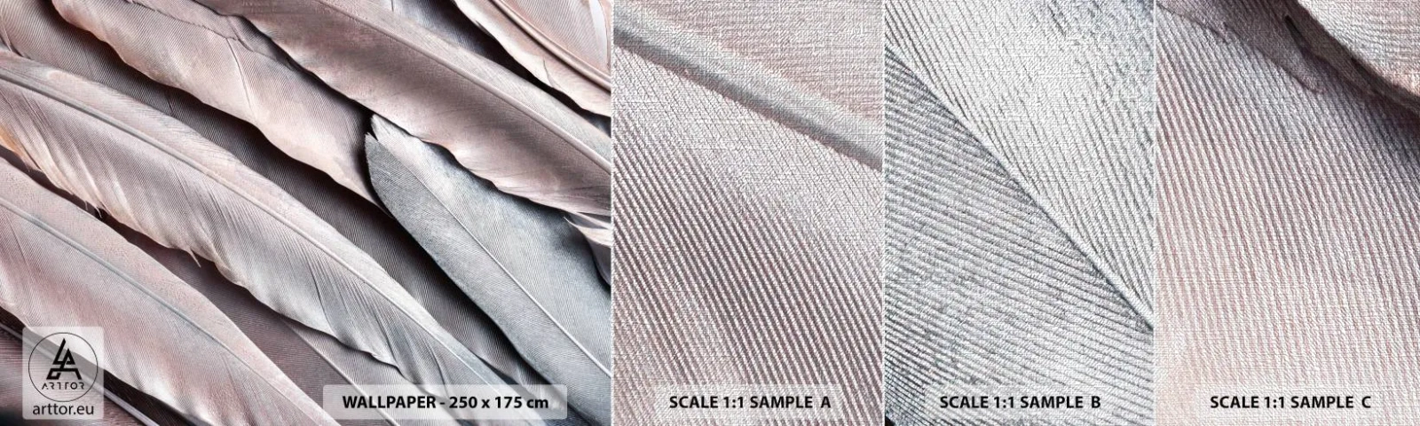 Mostră tapet Premium Canvas - Argintul roz - Pană de pasăre, Grafică, Boho - 100x30 cm