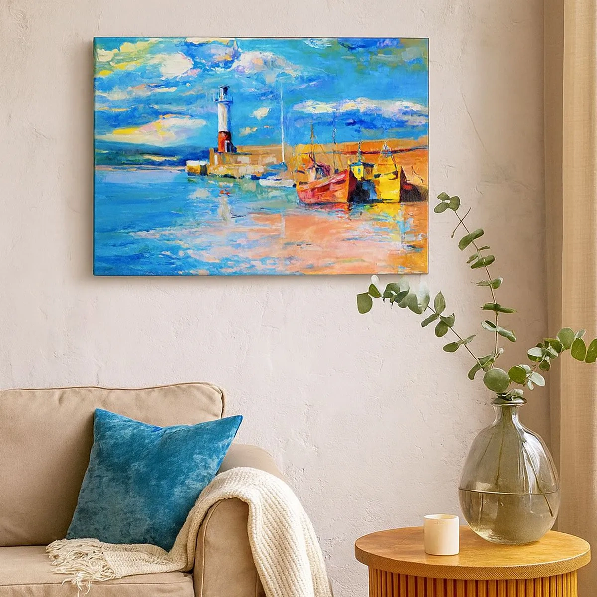 Tablou pe pânză Canvas - Port de pescuit cu bărci și un far în culori vii - 70x50cm - După-amiază în golful de curcubeu - Decorațiune modernă pentru perete pentru living și dormitor ARTTOR