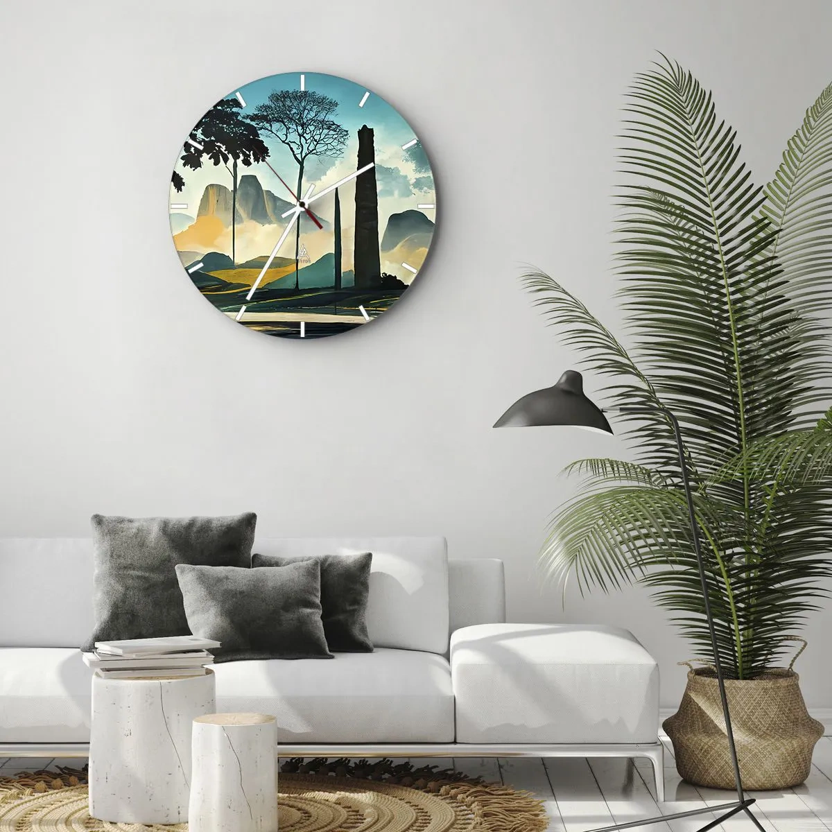 Ceas de perete - Ceas pe sticlă - Copaci și formațiuni stâncoase pe fundalul unui munte dimineața - 30x30cm - Din ce în ce mai sus - Decorațiune modernă pentru perete pentru living, bucătărie și dormitor ARTTOR