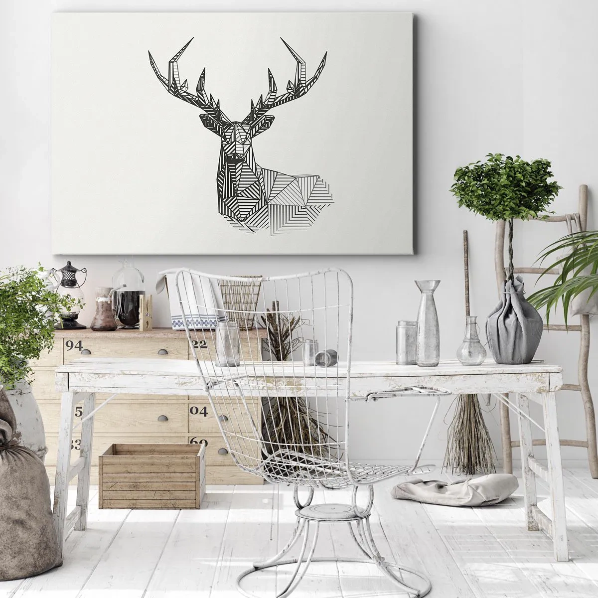 Tablou pe pânză Canvas - Imagine geometrică a unui cerb într-un stil minimalist alb-negru - 70x50cm - Cerb în stil cubist - Decorațiune modernă pentru perete pentru living și dormitor ARTTOR