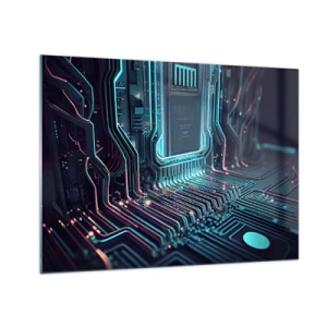 Tablou pe sticlă - Vizualizare neon a urmelor procesorului pe fundal negru - 70x50cm - Iată la ce mă gândesc... - Decorațiune modernă pentru perete pentru living și dormitor ARTTOR