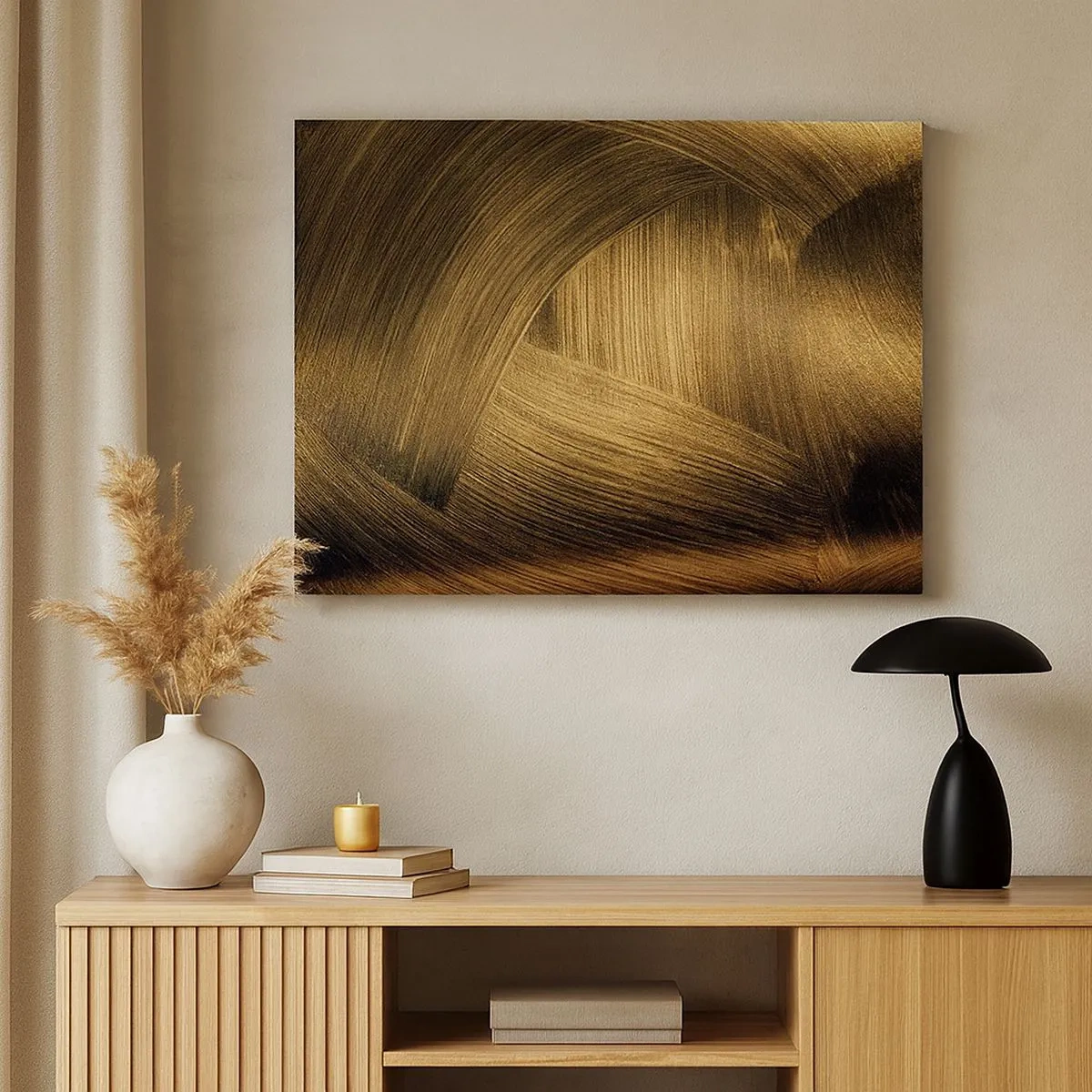 Tablou pe pânză Canvas - Tușe de pensulă abstracte aurii - 70x50cm - Într-un labirint de aur - Decorațiune modernă pentru perete pentru living și dormitor ARTTOR