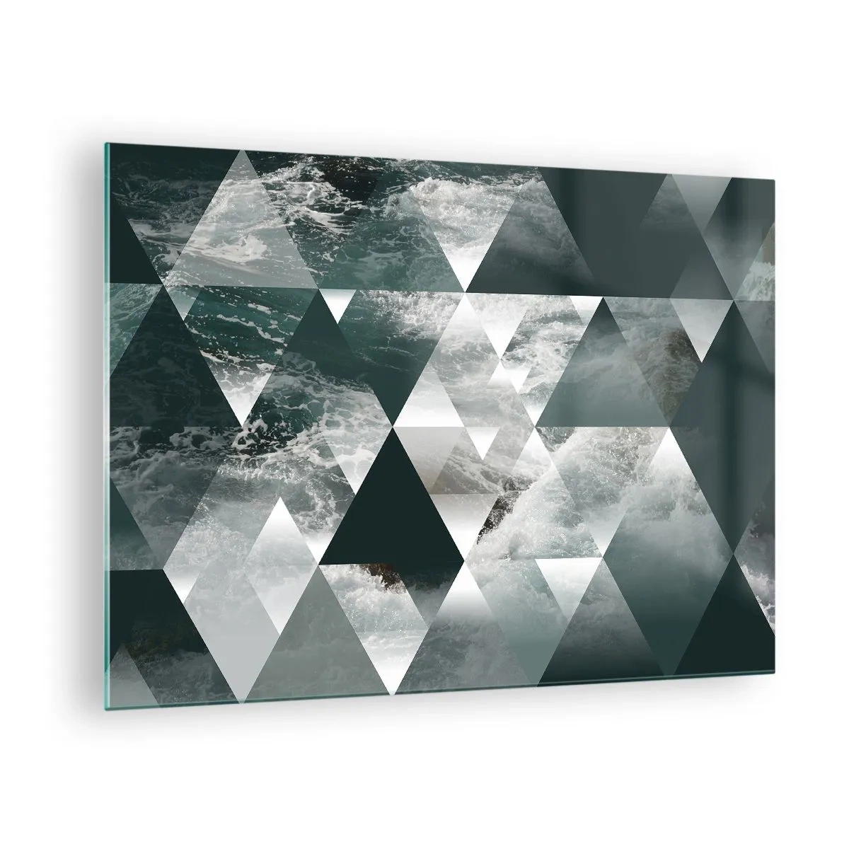 Tablou pe sticlă - Compoziție abstractă de triunghiuri cu motiv de undă de apă - 70x50cm - O perspectivă de cristal - Decorațiune modernă pentru perete pentru living și dormitor ARTTOR