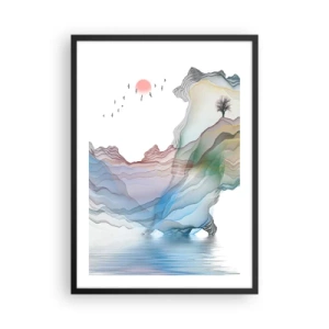 Poster în ramă neagră - Munți colorați, stratificați, peste un lac liniștit cu un copac - 50x70cm - Spre munții de cristal - Decorațiune modernă pentru perete pentru living și dormitor ARTTOR