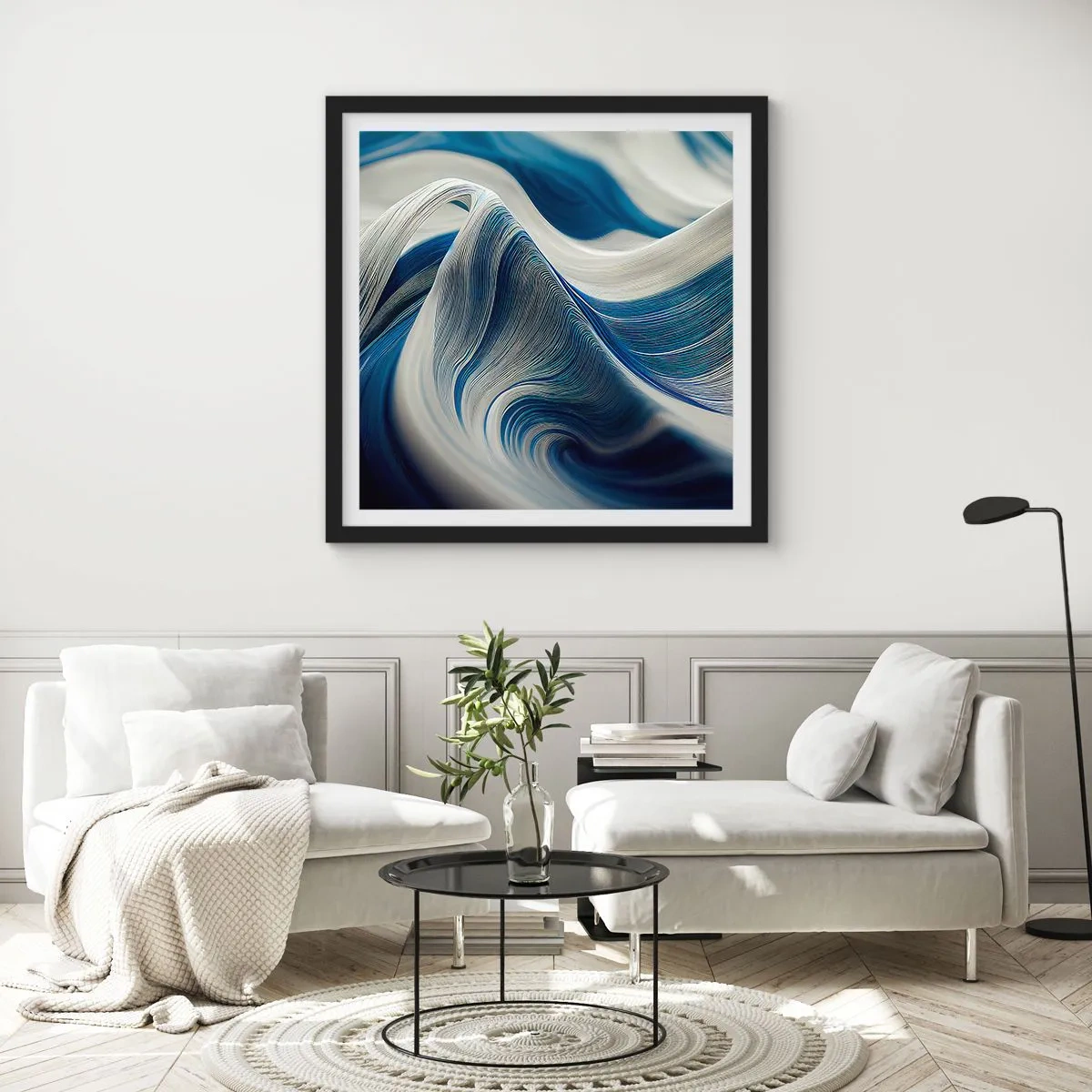 Poster în ramă neagră - Fluiditate de albastru și alb - 30x30 cm