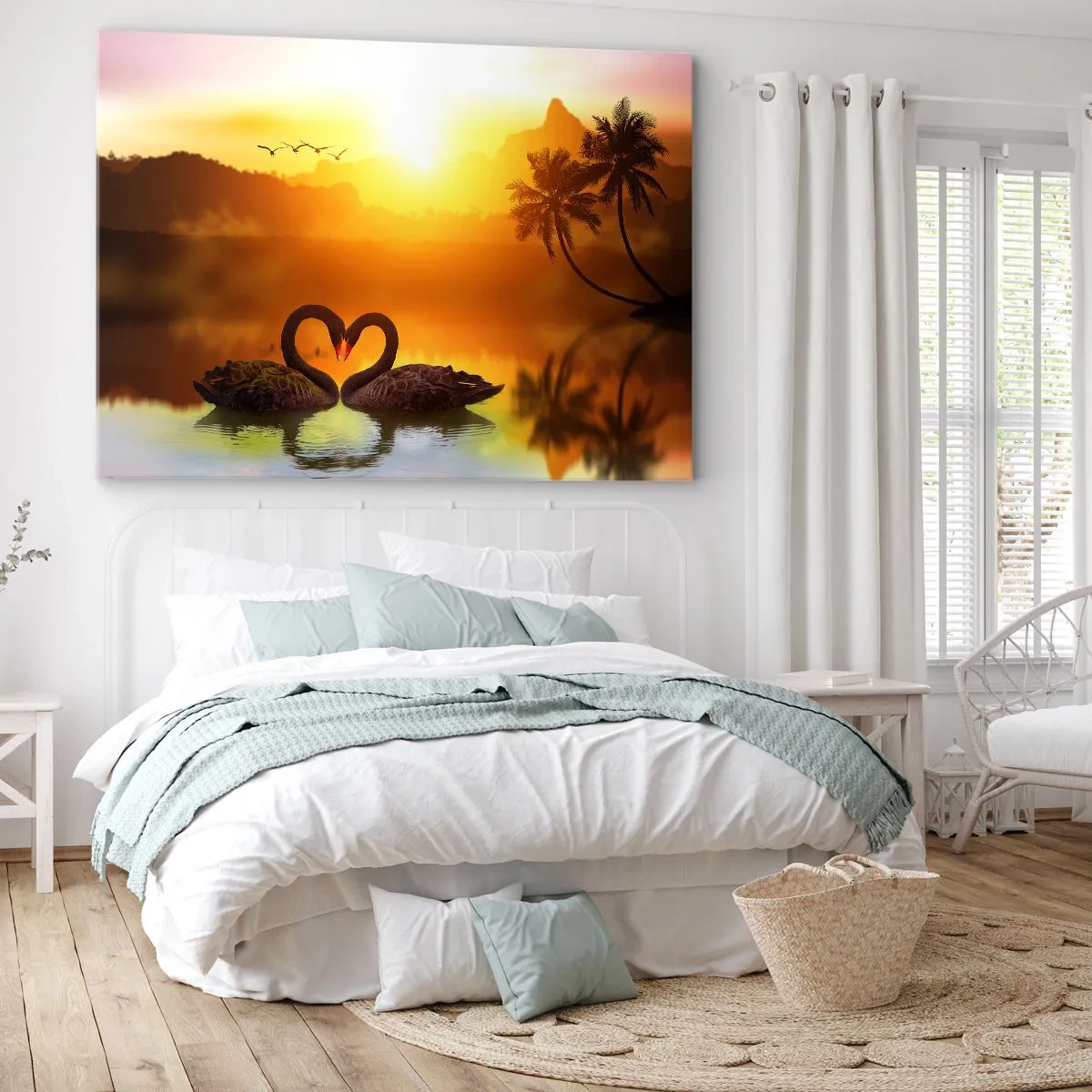 Tablou pe pânză Canvas - Două lebede negre formând o inimă pe fundalul unui apus de soare pe un lac - 70x50cm - Fiecare cu pereche - Decorațiune modernă pentru perete pentru living și dormitor ARTTOR