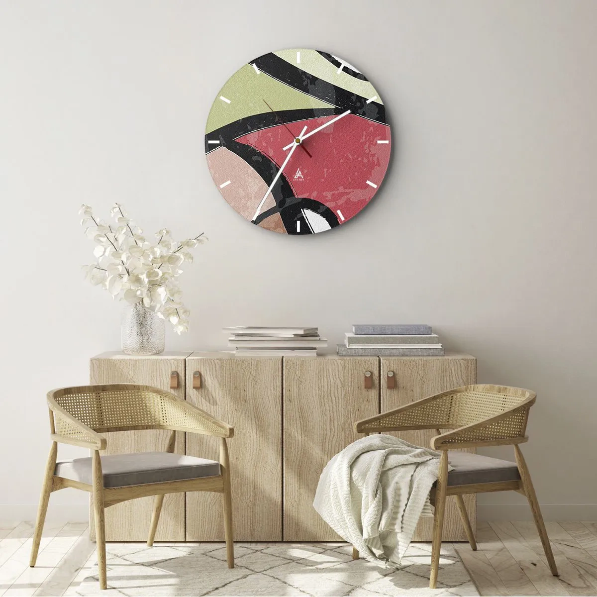 Ceas de perete - Ceas pe sticlă - Forme abstracte colorate în tonuri pastelate - 30x30cm - Piruetă printre culori - Decorațiune modernă pentru perete pentru living, bucătărie și dormitor ARTTOR