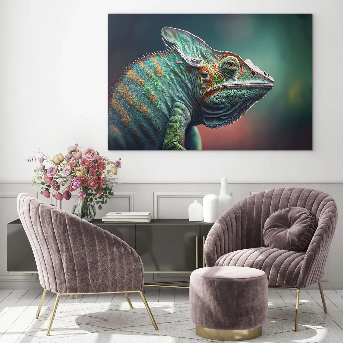 Tablou pe sticlă - Un cameleon colorat pe un fundal neclar în lumină intensă. - 70x50cm - Mă poți vedea? Nu e bine... - Decorațiune modernă pentru perete pentru living și dormitor ARTTOR