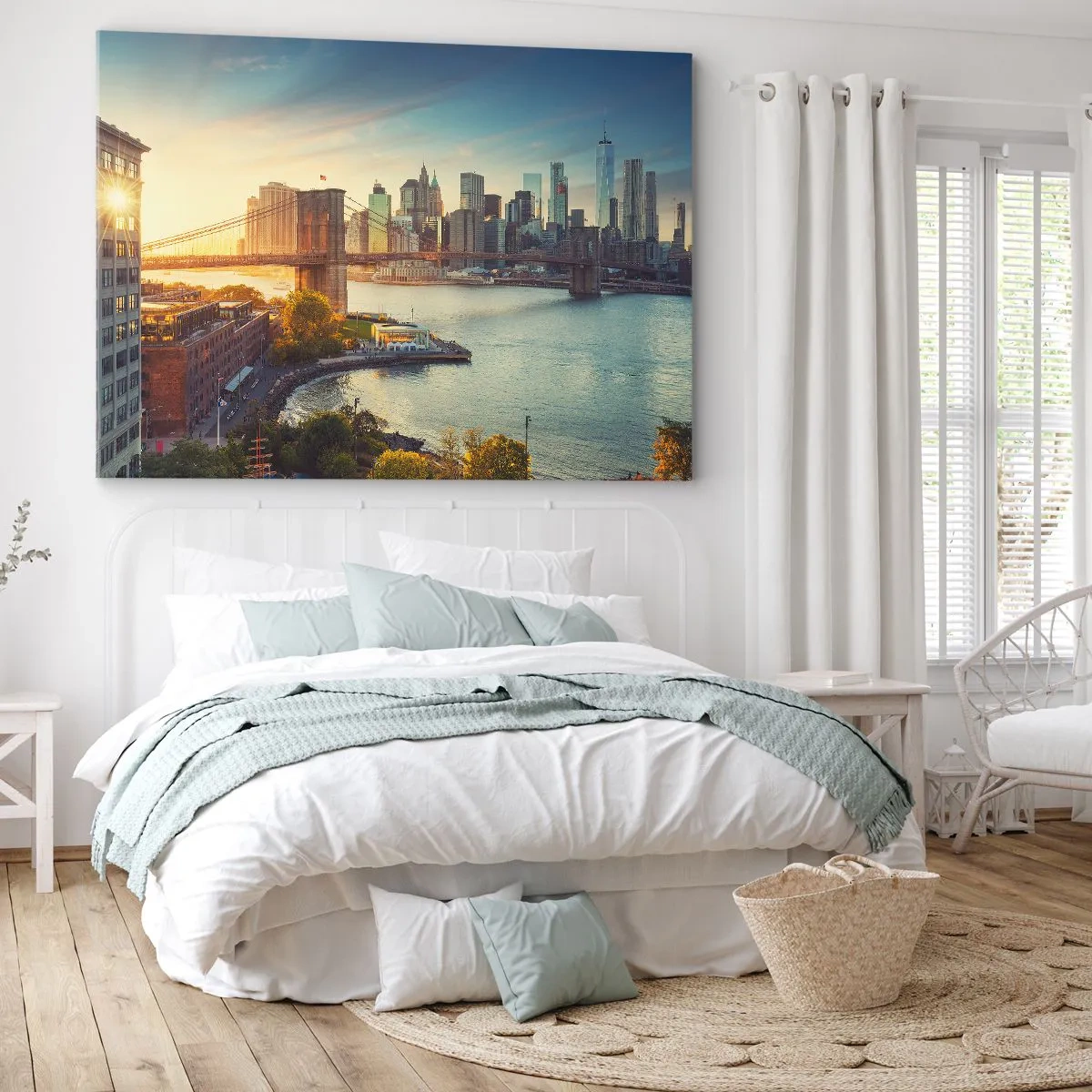 Tablou pe pânză Canvas - Panoramă a orașului cu podul la apus - 70x50cm - Zorii metropolitani - Decorațiune modernă pentru perete pentru living și dormitor ARTTOR