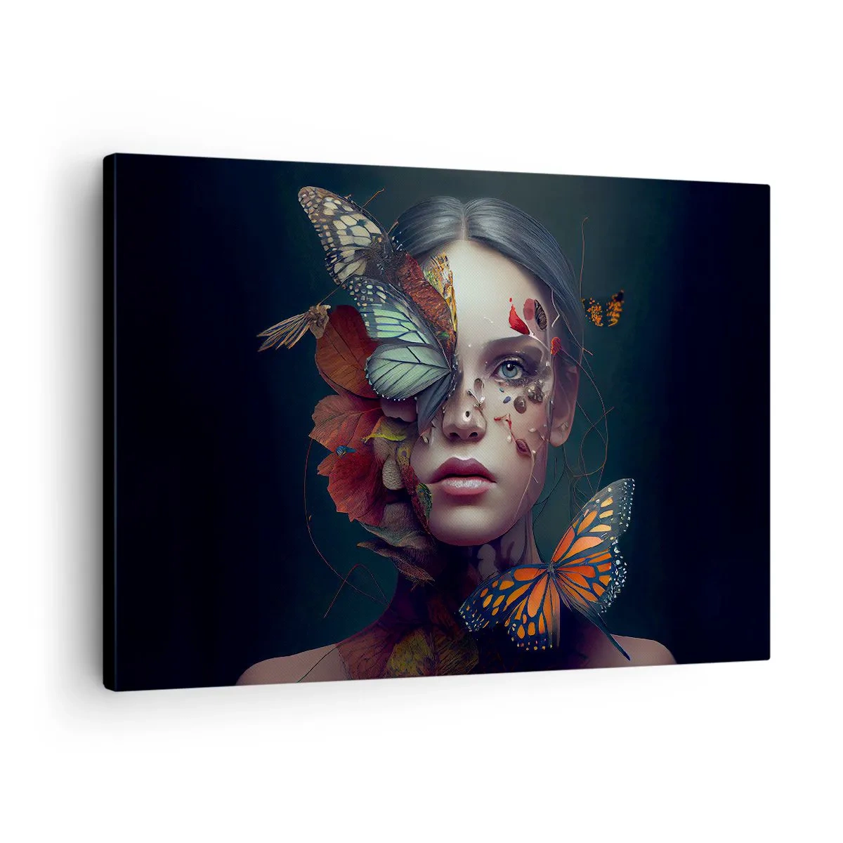 Tablou pe pânză Canvas - Portret de femeie cu fluturi și elemente vegetale - 70x50cm - Transformare minunată - Decorațiune modernă pentru perete pentru living și dormitor ARTTOR