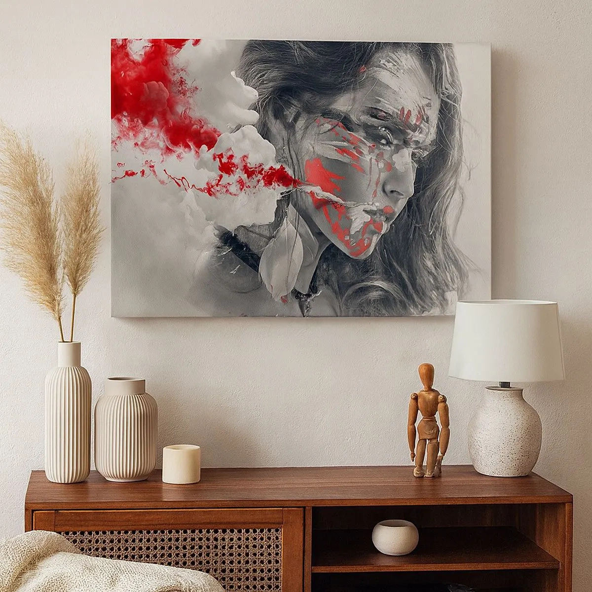 Tablou pe pânză Canvas - Portret artistic al unei femei cu accente roșii abstracte - 70x50cm - În aburul absurdului - Decorațiune modernă pentru perete pentru living și dormitor ARTTOR