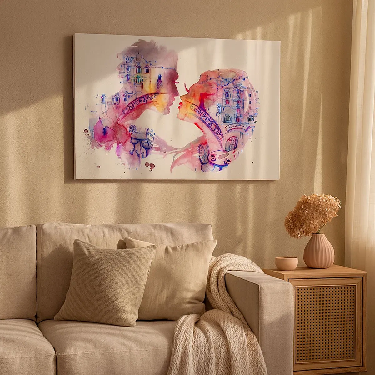 Tablou pe pânză Canvas - O acuarelă romantică înfățișând siluetele îndrăgostiților - 70x50cm - Podul secret al suspinelor - Decorațiune modernă pentru perete pentru living și dormitor ARTTOR