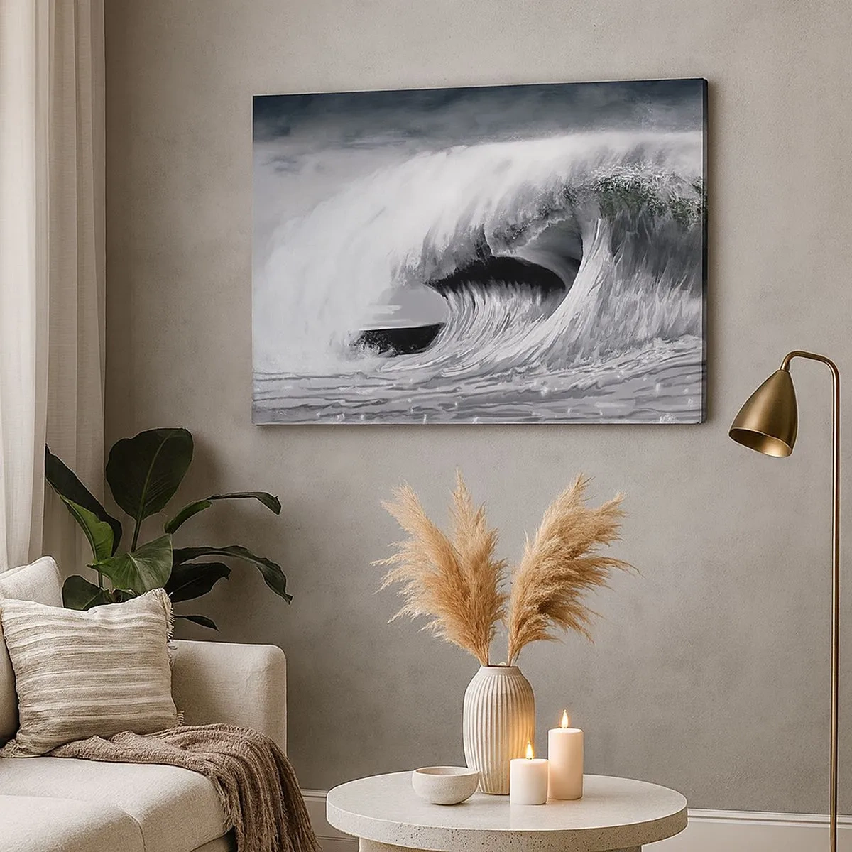 Tablou pe pânză Canvas - Val oceanic dramatic în monocrom - 70x50cm - Mânia oceanului - Decorațiune modernă pentru perete pentru living și dormitor ARTTOR