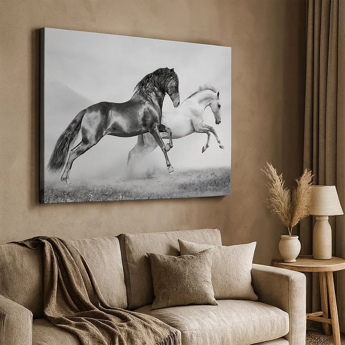 Tablou pe pânză Canvas - Doi cai în galop într-o compoziție dinamică alb-negru - 70x50cm - Îngeri și demoni - Decorațiune modernă pentru perete pentru living și dormitor ARTTOR