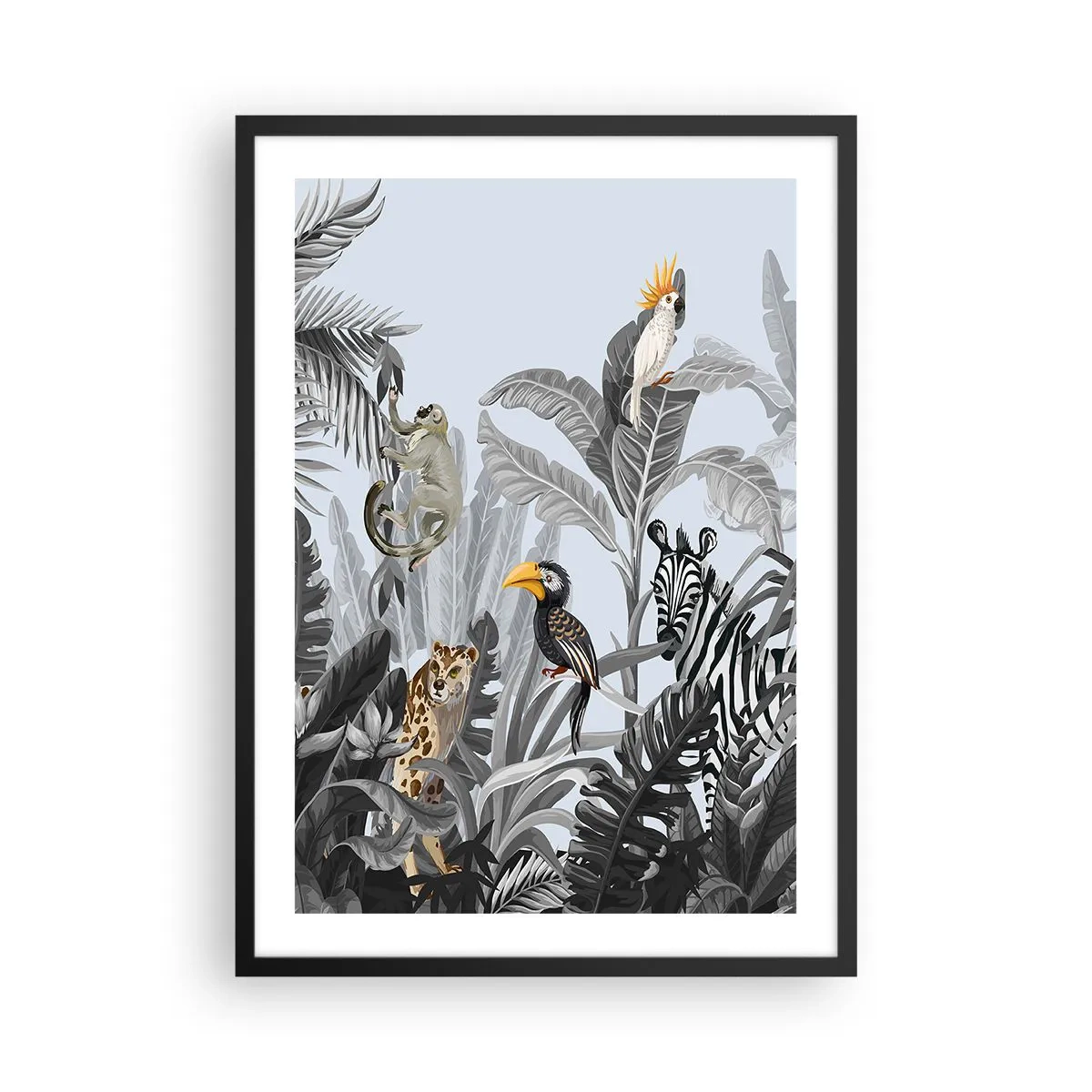 Poster în ramă neagră - Animale tropicale colorate printre frunzele junglei - 50x70cm - O fabulă africană - Decorațiune modernă pentru perete pentru living și dormitor ARTTOR