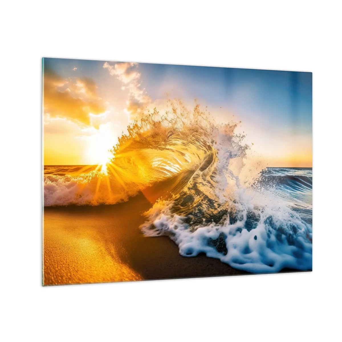 Tablou pe sticlă - Un val care se izbește de țărm, luminat de razele soarelui care apune - 70x50cm - Joc în nisip - Decorațiune modernă pentru perete pentru living și dormitor ARTTOR