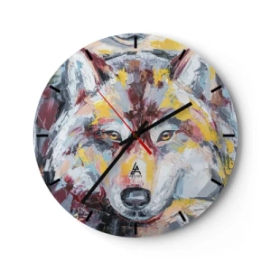 Ceas de perete - Ceas pe sticlă - Un portret colorat al unui lup, pictat cu tușe expresive. - 30x30cm - Pace pentru cel drag - Decorațiune modernă pentru perete pentru living, bucătărie și dormitor ARTTOR