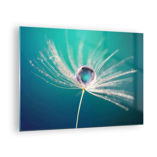 Tablou pe sticlă - Fotografie macro a unei semințe de păpădie cu o picătură de rouă pe un fundal turcoaz - 70x50cm - Moment mistic - Decorațiune modernă pentru perete pentru living și dormitor ARTTOR