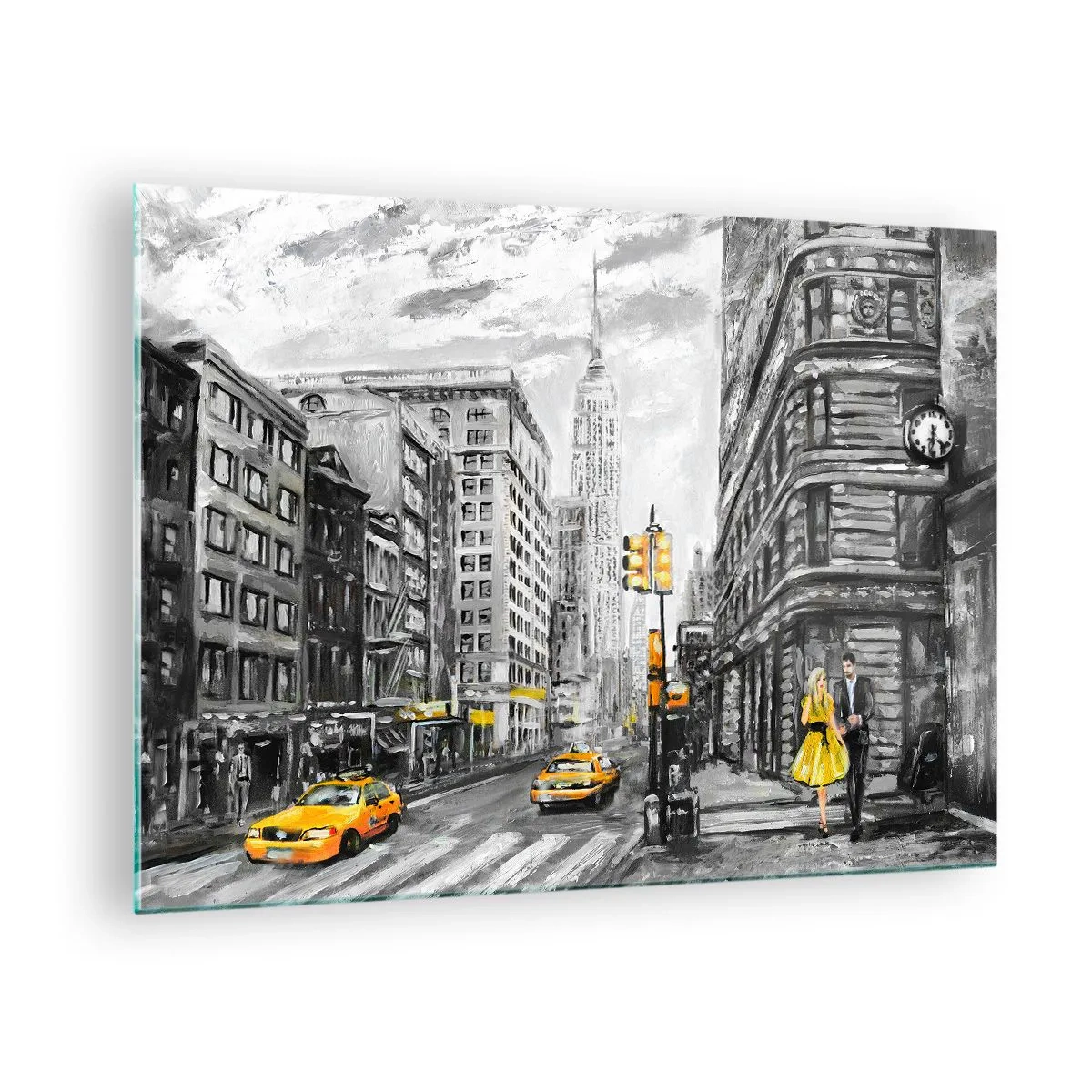 Tablou pe sticlă - O ilustrație a orașului New York în nuanțe de alb-negru cu accente galbene. - 70x50cm - O poveste din New York - Decorațiune modernă pentru perete pentru living și dormitor ARTTOR