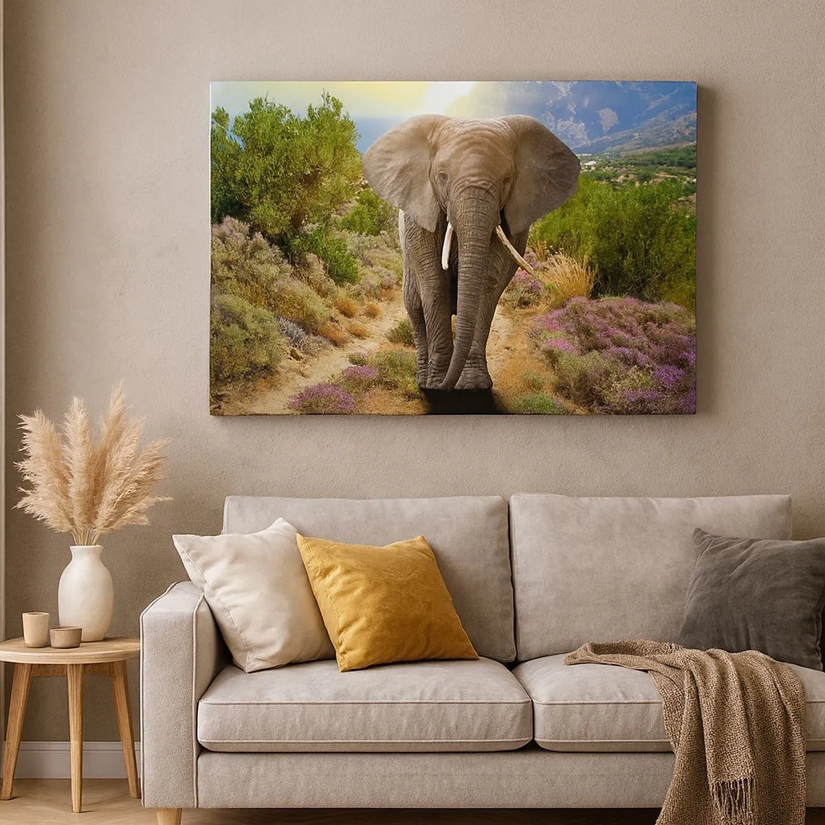 Tablou pe pânză Canvas - Un elefant african pe fundalul unui peisaj montan și de savană - 70x50cm - Iată cum arăta Edenul - Decorațiune modernă pentru perete pentru living și dormitor ARTTOR
