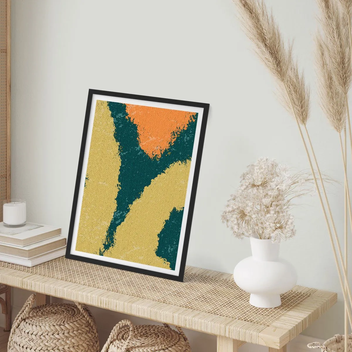 Poster în ramă neagră - Pete abstracte de culoare în nuanțe de verde și portocaliu - 50x70cm - Abstracție - în slow motion - Decorațiune modernă pentru perete pentru living și dormitor ARTTOR