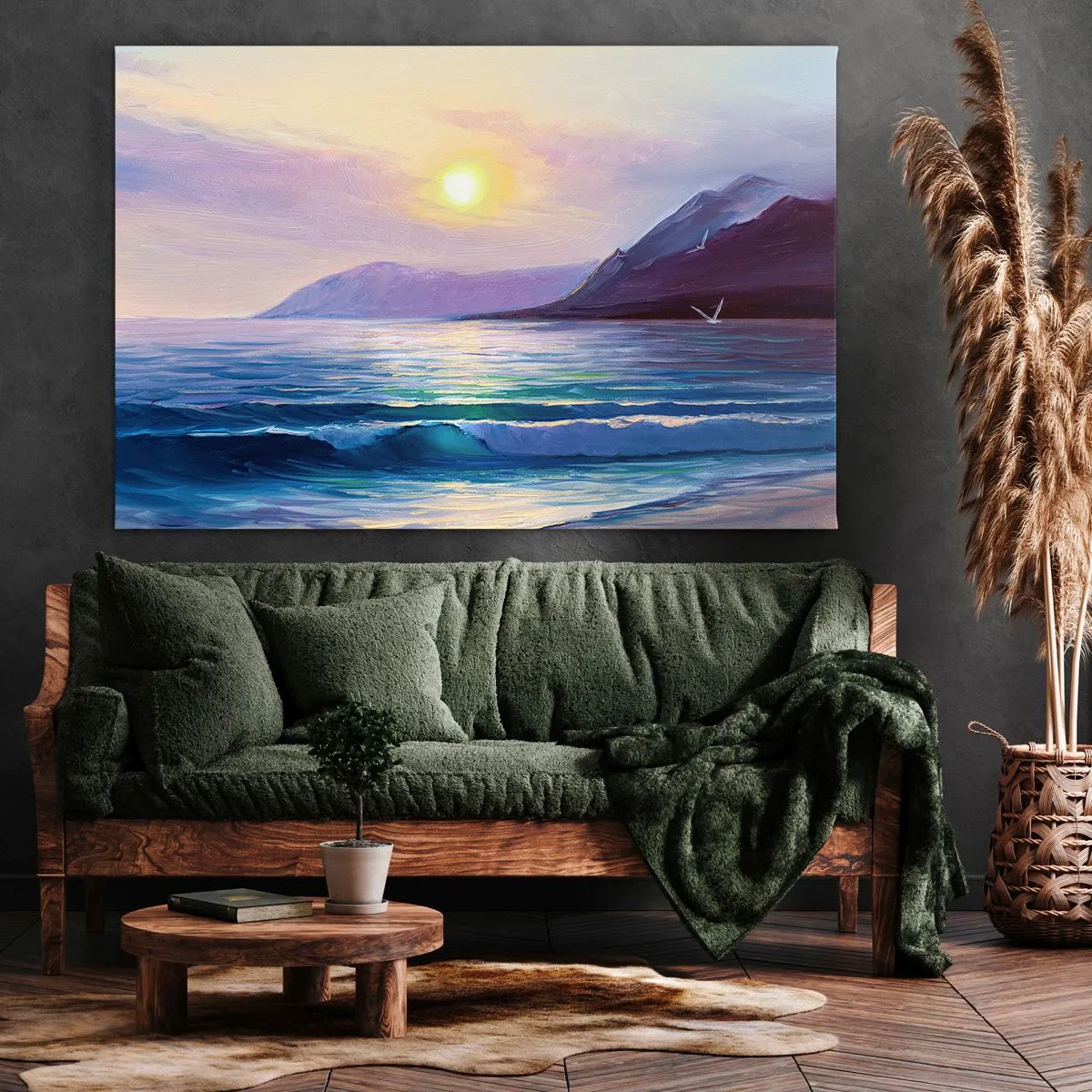 Tablou pe pânză Canvas - Un peisaj marin pitoresc la apus, cu valuri și munți - 70x50cm - Cristale de apă și aer - Decorațiune modernă pentru perete pentru living și dormitor ARTTOR