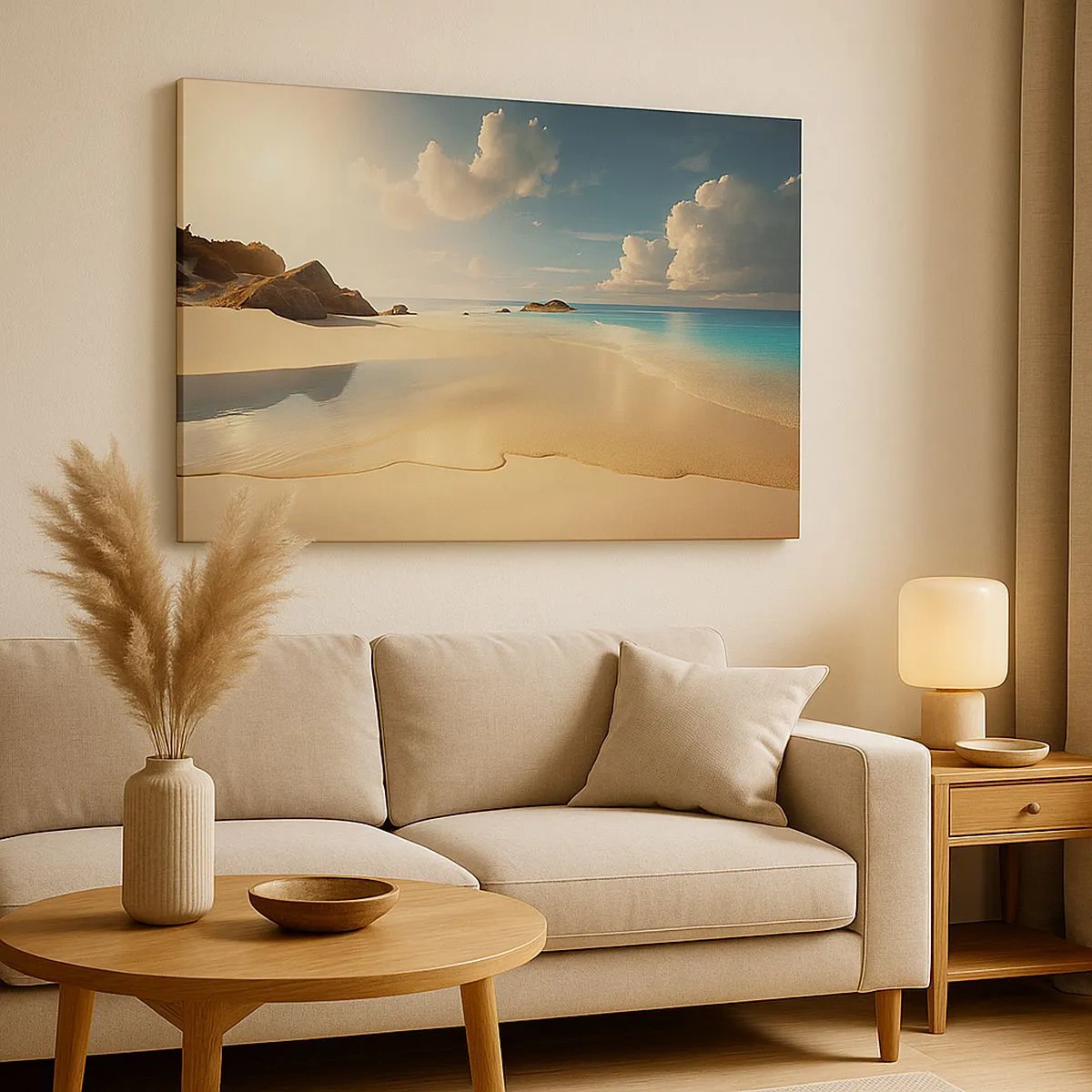 Tablou pe pânză Canvas - O plajă însorită cu mare albastră și stânci - 70x50cm - O zi de vis - Decorațiune modernă pentru perete pentru living și dormitor ARTTOR