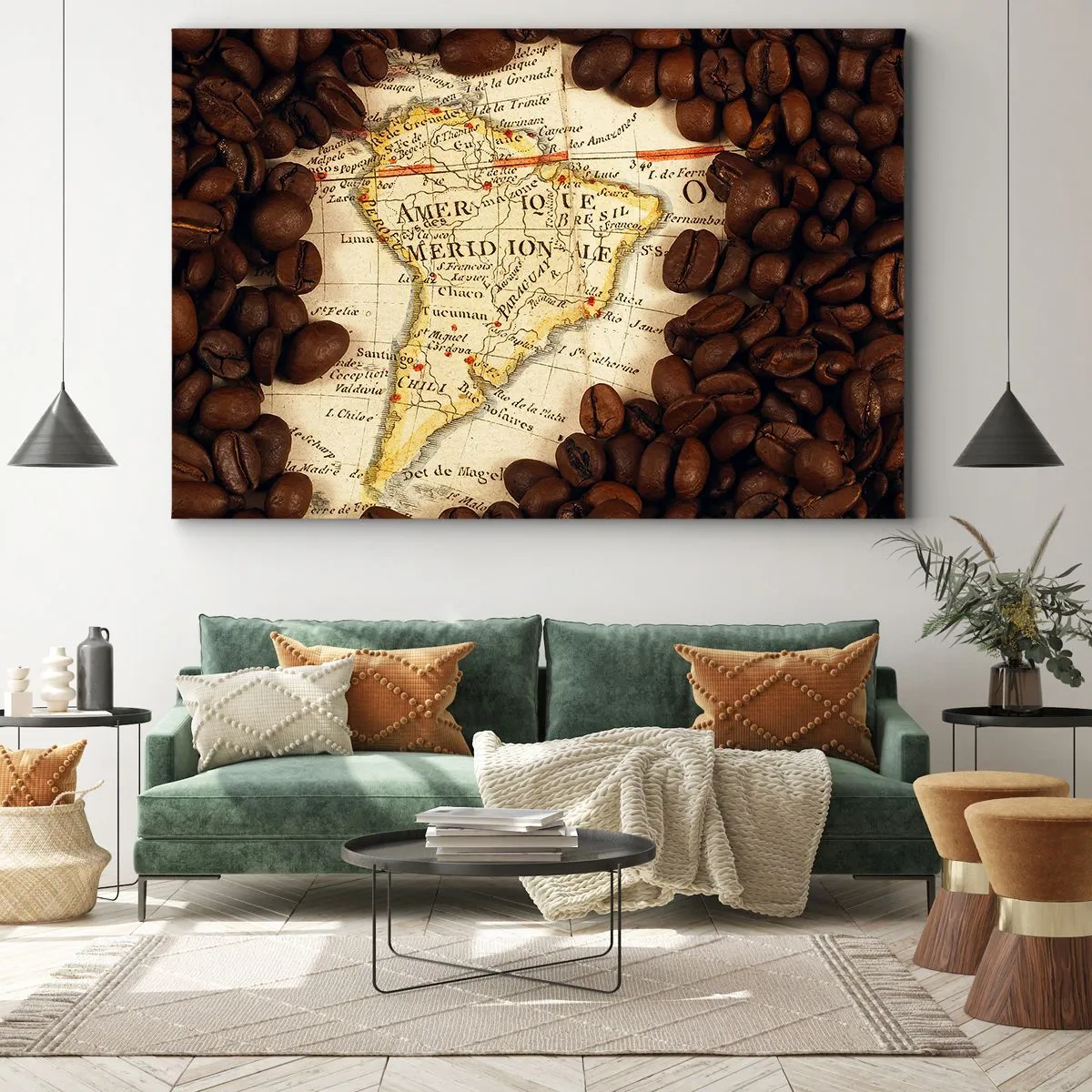 Tablou pe pânză Canvas - O hartă a Americii de Sud înconjurată de boabe de cafea. - 70x50cm - De unde provine cea mai bună cafea? - Decorațiune modernă pentru perete pentru living și dormitor ARTTOR